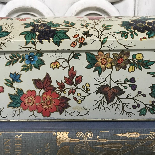 Vintage Floral Tin Box / Daher / Decorative Tin Canister/ Colorful Vintage Tin with Lid