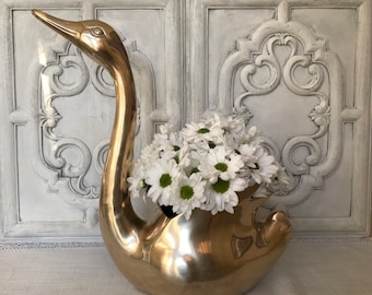 Very Large Brass Swan Planter / Mid Century Brass Decor / Large Brass Swan Planter