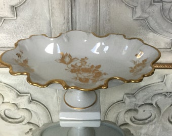 Vintage Limoges of France  Pedestal  Dish / Limoges Footed  Dish / Oval  Pedestal  Dish with Gold Fluted Edge