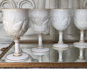 Milk Glass Goblets / 4 Westmoreland Della Robbia Goblets With Gold Trim / Set of Four