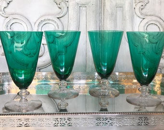 Green Goblets With Clear Stem / Set of Four Green Vintage Goblets / Green Stemware