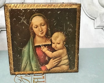 Vintage Florentine Box With Madonna and Child / Raphael Madonna / Italian Wood Box / Gold Italian Jewelry Box / Gidled Trinket Box