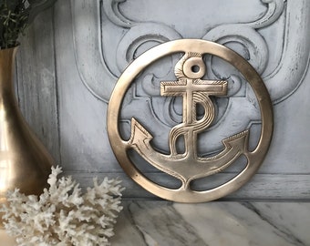 Vintage Brass Trivet / Solid Brass Trivet with Anchor / Round Brass Hot Plate / Coastal Cottage / Nautical Decor