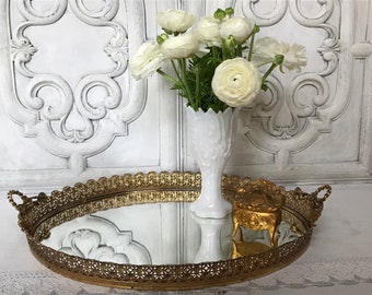 Vintage Gold Filigree Vanity Tray / Large Mirrored Vanity Tray / Oval Vanity Tray With Handles / Hollywood Regency Tray