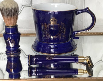 Vintage Royal London Shave Set / Blue and Gold Ceramic Gentlemen’s Shave Set / NOS  In Box / Three Piece Set