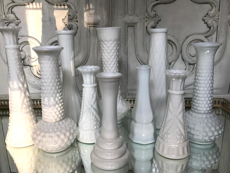Milk Glass Bud Vases / Mixed Lot of Ten Milk Glass Vases / Vintage Bud Vase Collection / Wedding / Bridal Shower image 3