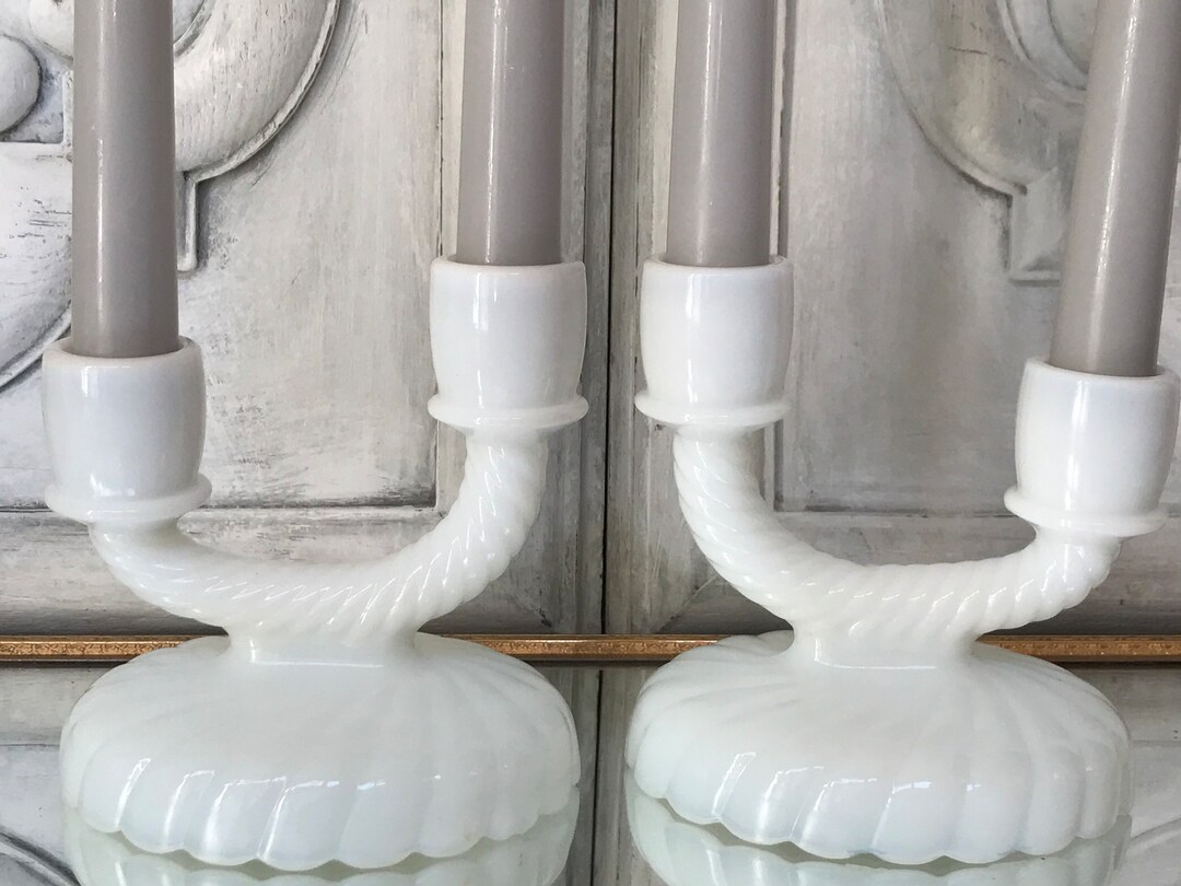 Milk Glass Candle Holders / Imperial Glass Newbound Pattern / Double