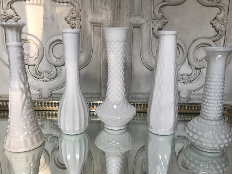 Milk Glass Bud Vases / Mixed Lot of Ten Milk Glass Vases / Vintage Bud Vase Collection / Wedding / Bridal Shower image 5