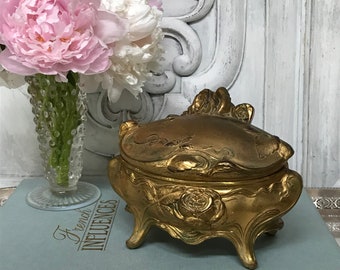 Gold Metal Jewelry Casket  / Art Nouveau Rose Jewelry Casket with Original Pink Lining / Ornate Footed Gold  Box / Gold Jewelry Box