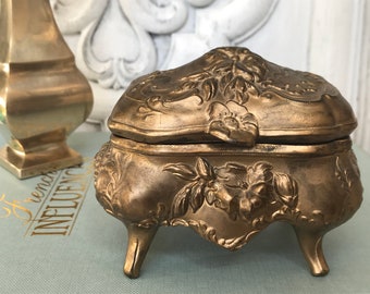 Gold Metal Jewelry Casket  / Art Nouveau Floral Jewelry Casket / Ornate Footed Gold  Box / Gold Jewelry Box