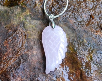 Rose Quartz Crystal Angel Wings Necklace Pendant with Silver Chain - Stone of Love