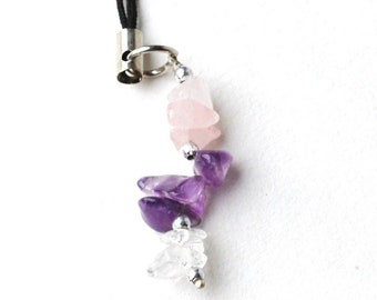 Beautiful Rose Quartz / Clear Quartz / Amethyst Crystal Chip Keyring Bag Mobile Charm - Calming & Healing Crystal Stones