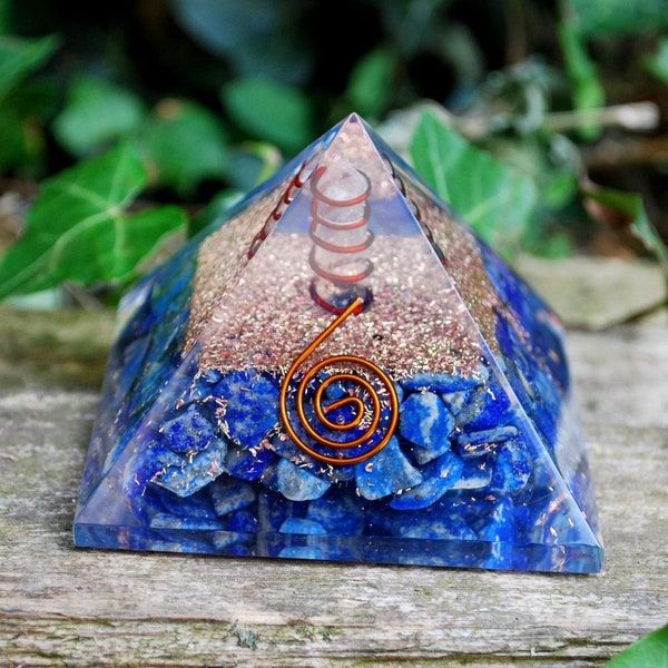 Large Lapis Lazuli & Clear Quartz Orgone Pyramid Orgonite Gemstone Crystal - Stone of Bonding