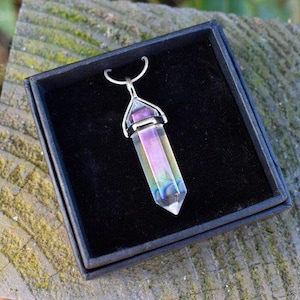 Angel Aura Quartz Crystal Gemstone Necklace Pendant with Silver Chain in Gift Box