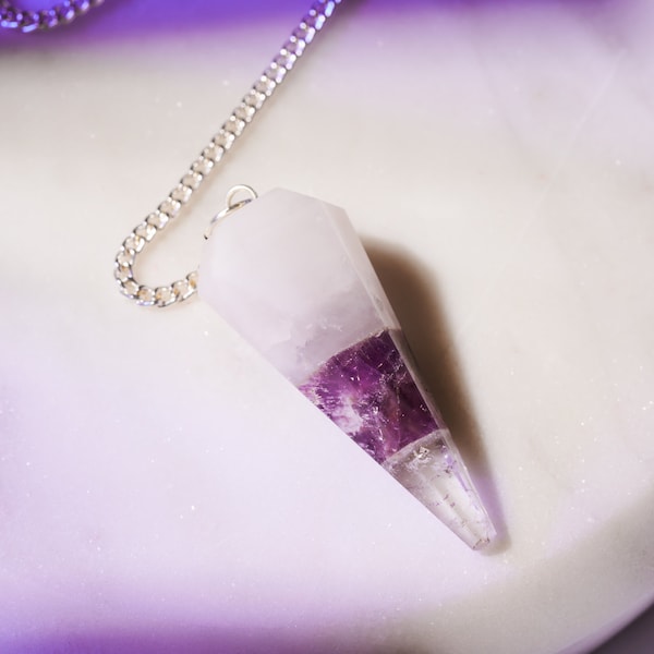 Rosenquarz, Amethyst, Bergkristall, Pendel (Schön als Geschenk verpackt)