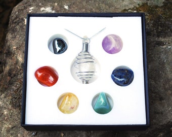 Set of Seven Interchangeable Chakra Tumble Stones with Metal Caged Pendant