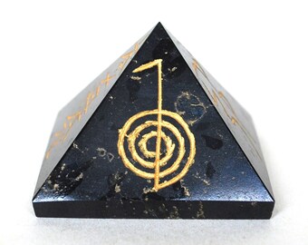 Reiki Energy Charged Large Black Tourmaline Genuine Crystal Pyramid Engraved with Reiki Symbols - Stone of Protection