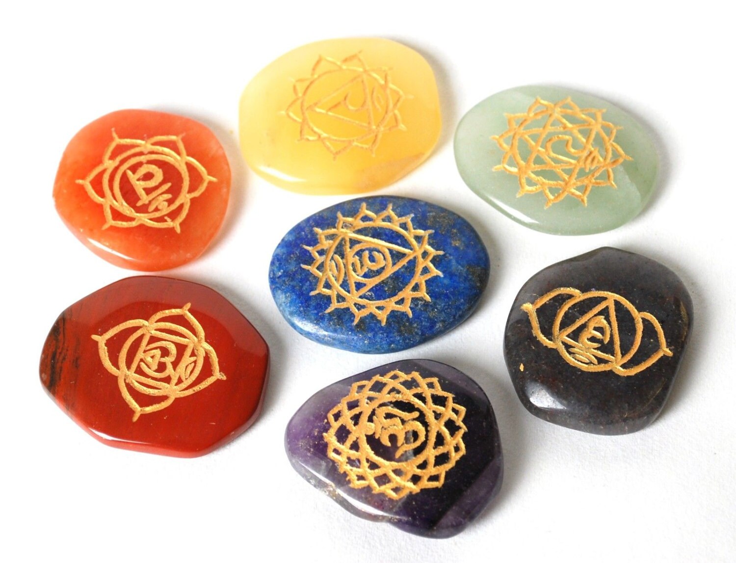 7x Set Engraved Chakra Stones Opal Reiki Healing Energy Palm Natural Gemstone 