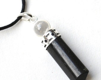 Black Tourmaline & Clear Quartz Sphere Pendant Necklace Natural Crystal - Stone of Protection (Beautifully Gift Wrapped)