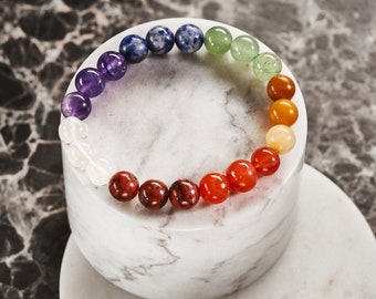 Natural Crystal Chakra Beaded Elasticated Bracelet (Gift Wrapped) - Chakra Balancing, Teenage Girl Gift