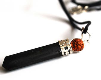 Black Tourmaline & Rudraksha Bead Pendant Necklace Natural Crystal - Stone of Protection