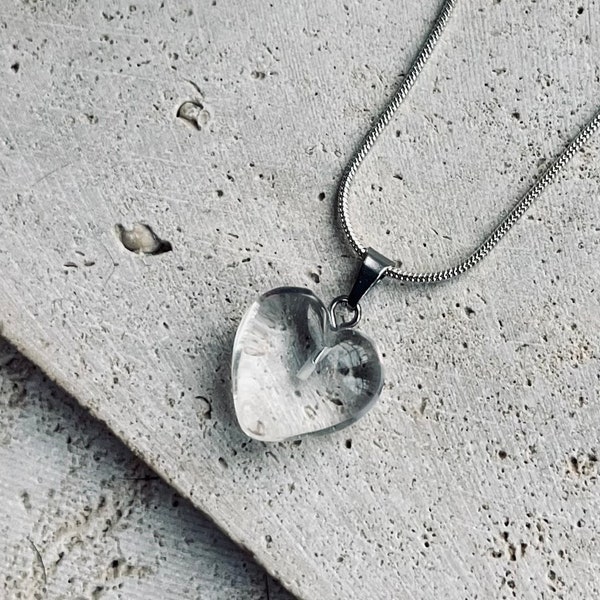 Clear Quartz Heart Pendant Necklace Natural Crystal Stone (Beautifully Gift Wrapped)