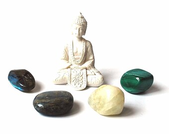 Stress Relief Crystal Tumble Stone Gift Set with Buddha (Beautifully Wrapped) - Kit for Crystal Healing