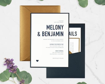 Modern & Bold Panel Pocket Wedding Invitation Suite, Navy and Antique Gold