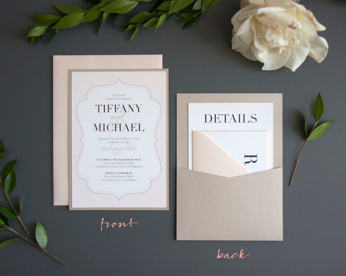 Elegant Love Wedding Invitation SAMPLE Panel Pocket Blush