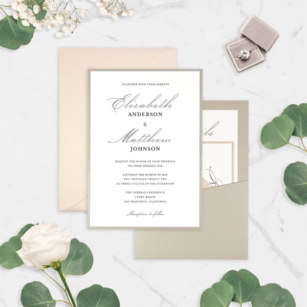 Simply Elegant Panel Pocket Wedding Invitation Suite, Taupe and Blush