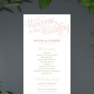 May include: A wedding ceremony programme with a pink and white design. The programme lists the order of events for the ceremony and reception. The text includes the names Melissa and Andrew, the date 8 May 2015, and the location Dallas, TX.