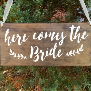 Here comes the Bride sign Wedding Sign Custom Wedding Sign Rustic wedding decor Wedding Woodland Sign walk down aisle sign Dark Walnut/White