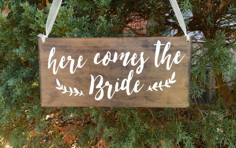Here comes the Bride sign Wedding Sign Custom Wedding Sign Rustic wedding decor Wedding Woodland Sign walk down aisle sign image 1