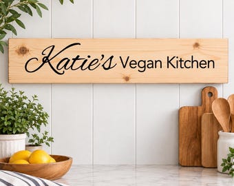 Panneau de cuisine végétalien personnalisé, panneau en bois avec nom personnalisé, décoration de cuisine végétarienne et végétale