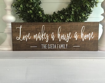 Love makes a house a home, love makes a house a home sign, last name sign, wood sign, wooden sign, wall hanging, custom sign,