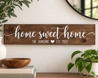 Panneau personnalisé « Home Sweet Home », panneau en bois avec nom de famille, cadeau de pendaison de crémaillère, cadeau de mariage, décoration pour une nouvelle maison