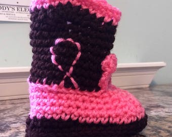 Pink and brown cowboy boot style baby booties