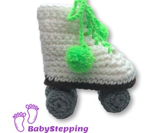 Roller Skate Style baby booties with neon green pom poms