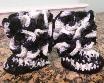 Black and White Ruffled High Boots