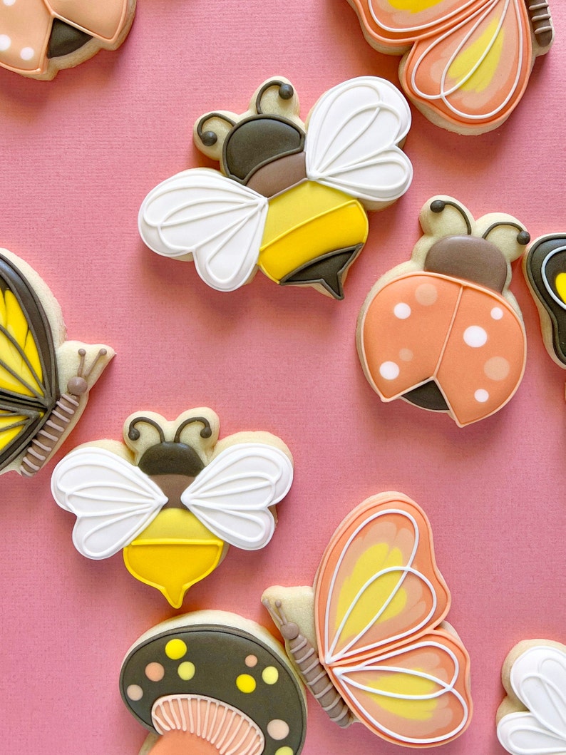 Pode incluir: Uma cole&ccedil;&atilde;o de biscoitos de a&ccedil;&uacute;car coloridos decorados com v&aacute;rios desenhos de insetos, incluindo borboletas, joaninhas e abelhas. Os biscoitos est&atilde;o dispostos sobre um fundo rosa.