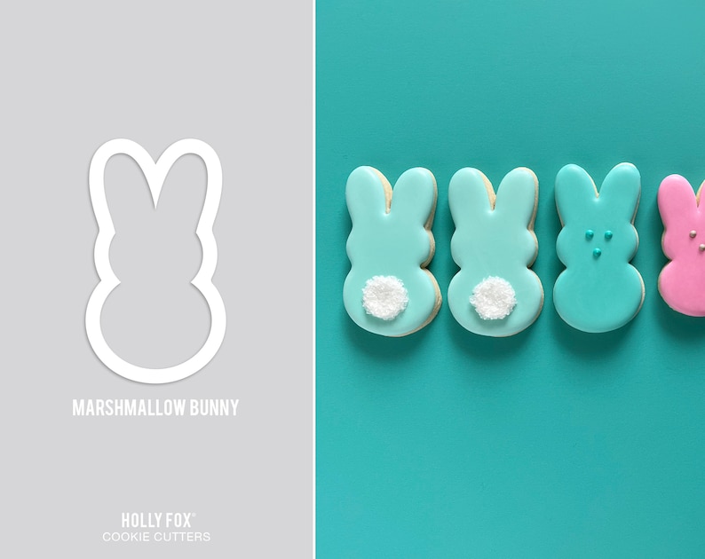 May include: A set of five bunny-shaped sugar cookies decorated with pastel blue and pink icing. The cookies have white sprinkles on the back and some have small blue sprinkles on the front. The cookies are arranged in a row on a turquoise background. The image also includes a white outline of a bunny cookie cutter.