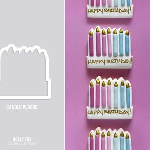 May include: A white cookie cutter in the shape of a candle plaque, with the text "CANDLE PLAQUE". The image also shows decorated cookies with candles and the text "HAPPY BIRTHDAY!" in gold lettering. The cookies have pink, purple, and blue candles.