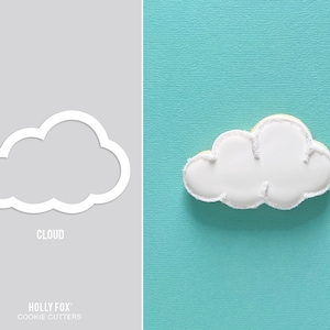 May include: White cloud-shaped cookie cutter on a gray background, with a white frosted cloud-shaped cookie on a turquoise background. The text "CLOUD" is below the cutter and "HOLLY FOX COOKIE CUTTERS" is below the cookie.
