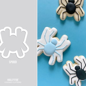 May include: Three cookie cutters in the shape of spiders. The cookie cutters are white and are shown on a gray background. The word "SPIDER" is printed below the cookie cutters. The words "HOLLY FOX" and "COOKIE CUTTERS" are printed below the word "SPIDER".