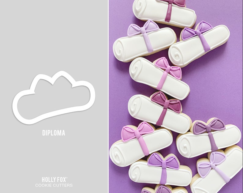 May include: A set of nine white cookie cutters shaped like diplomas with purple bows. The cookie cutters are arranged in a row on a purple background. The text "DIPLOMA" is printed below the cookie cutters.