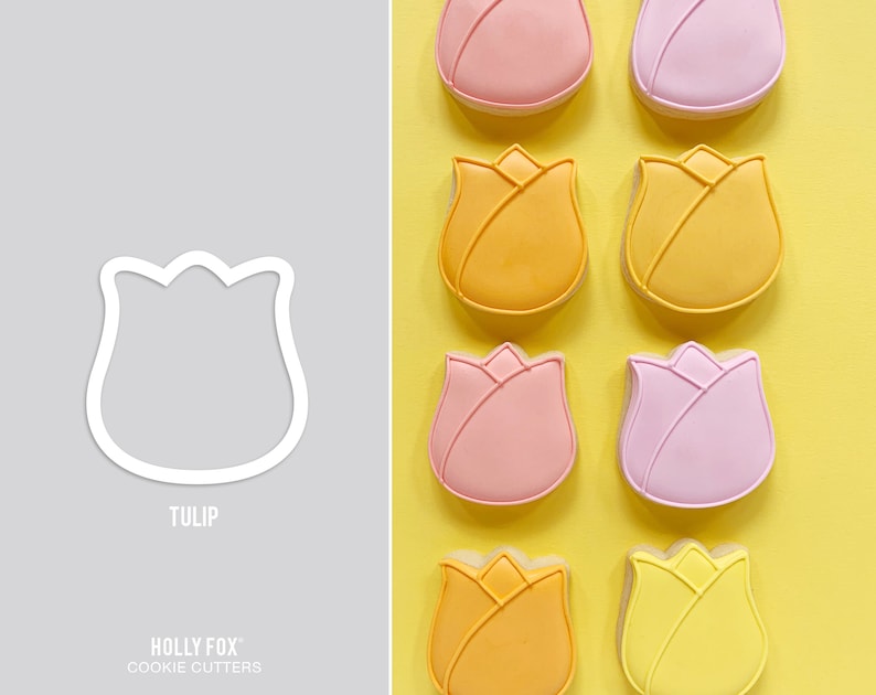 May include: A set of nine cookie cutters shaped like tulips. The cutters are arranged in three rows of three, with each row featuring a different color: pink, yellow, and orange. The cutters are made of metal and have a smooth, polished finish. The text "TULIP" and "HOLLY FOX COOKIE CUTTERS" is visible at the bottom of the image.