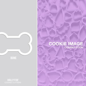 May include: A white outline of a bone cookie cutter on a light gray background. The text "BONE" is below the cookie cutter. The background on the right side of the image is a purple background with many different cookie cutter shapes.