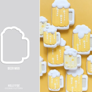 May include: A set of nine cookie cutters shaped like beer mugs. The cutters are white and are arranged on a yellow background. The text "Beer Mug" and "Holly Fox Cookie Cutters" is printed below the cutters.