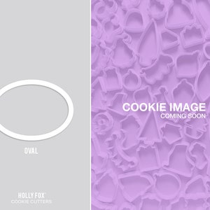 May include: A white oval cookie cutter on a light gray background. The cutter is shown next to a purple background with a variety of cookie cutters in different shapes. The text "COOKIE IMAGE COMING SOON" is displayed on the purple background.