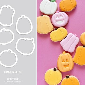 May include: A set of seven pumpkin cookie cutters in various shapes and sizes. The cutters are made of white metal and are arranged on a gray background. The text "Pumpkin Patch" and "Holly Fox Cookie Cutters" is printed below the cutters.